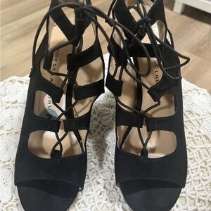Chinese Laundry Black suede Strappy lace up sandals peep toe shoes heels Sz7